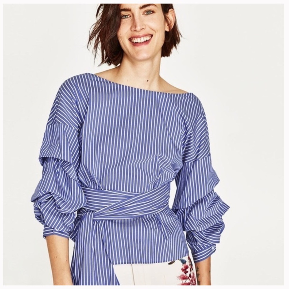 Zara blue white striped wrap blouse